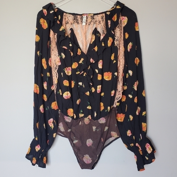 Free People Bodysuit Top Womens Extra Small Poppy Printed Long Sleeve Boho - Picture 3 of 9